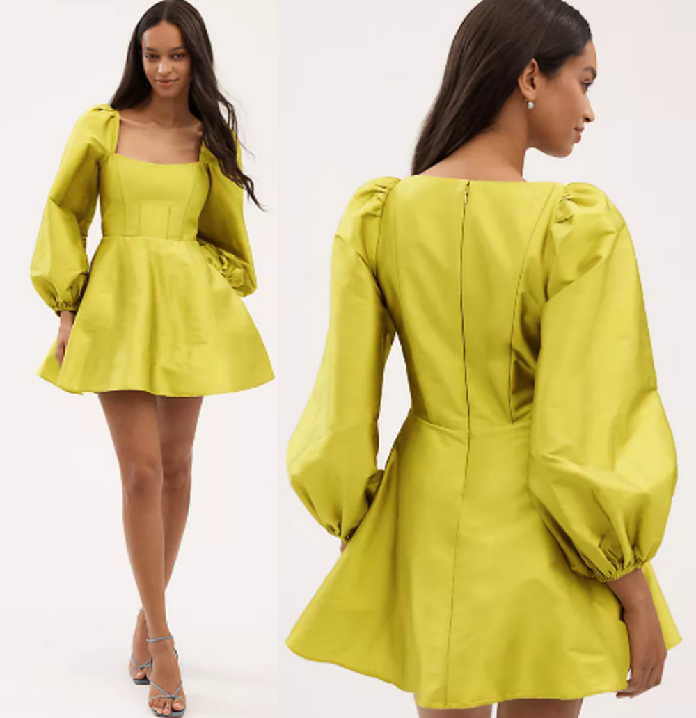 NWT BHLDN Balloon Puff-Sleeve Fit & Flare Mini Dress Sage Green Women's Size 0